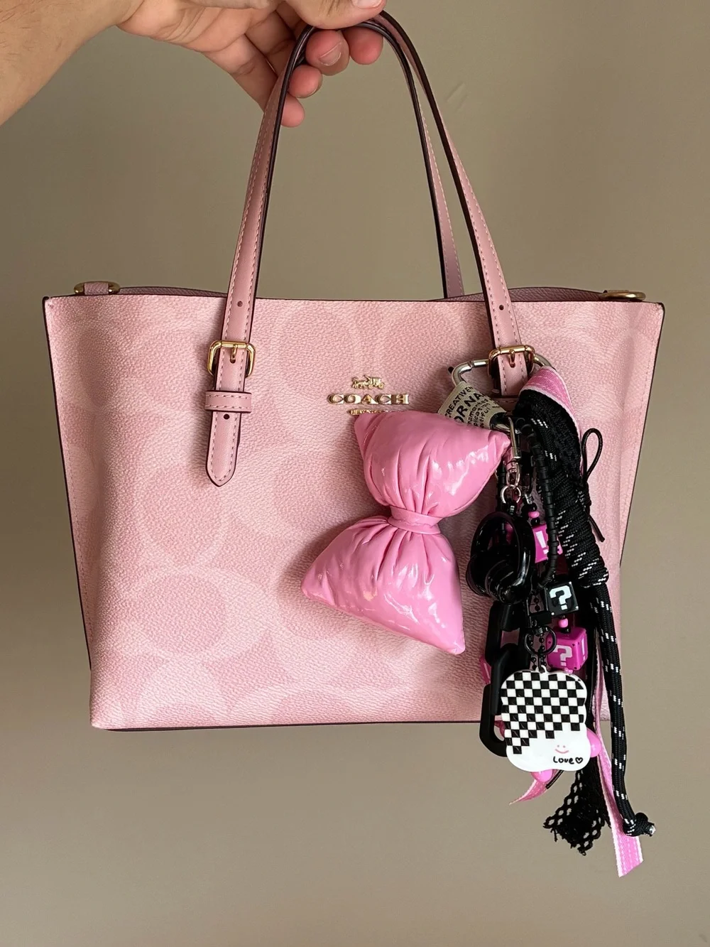 Pink Bow Keychain Bag Charm with Balloon And Tassels